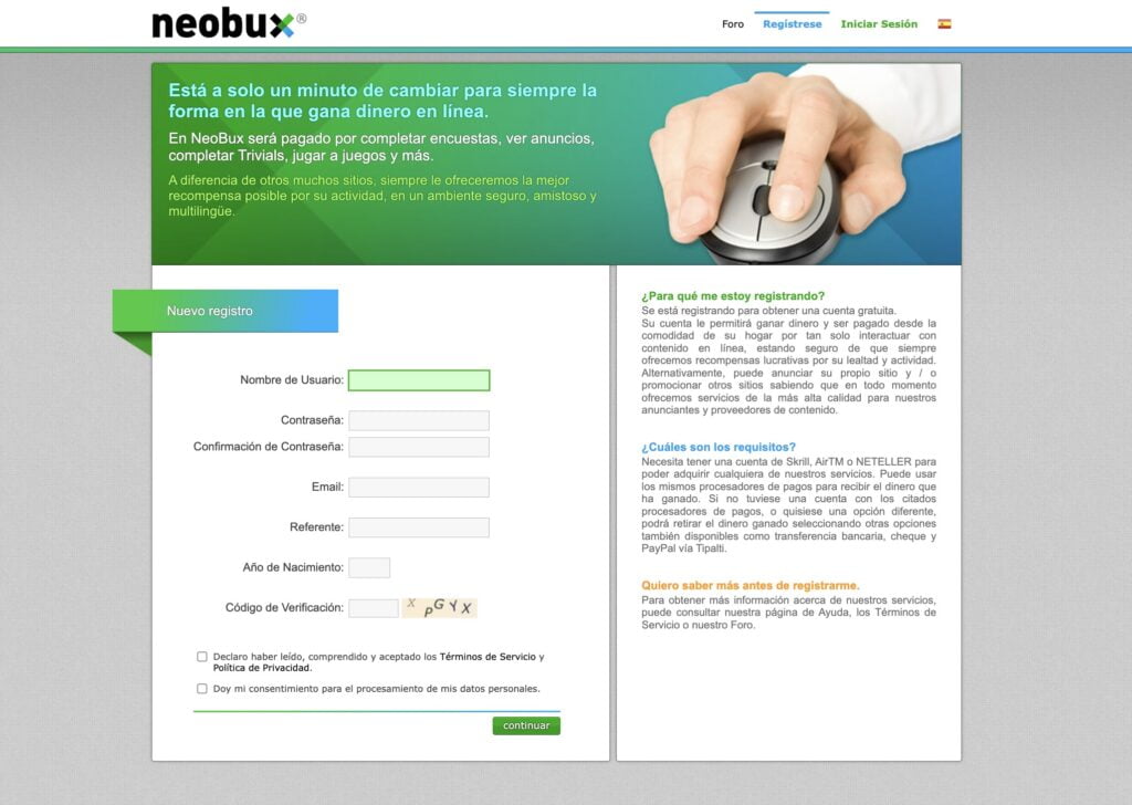 Neobux pantalla Registro