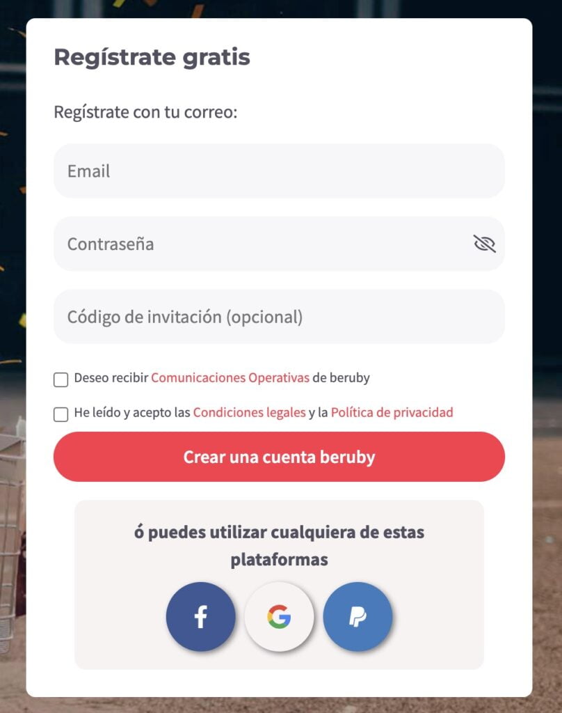 Pantalla de registro de Beruby