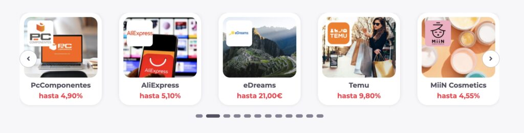 Ejemplos de tiendas de cashback disponibles en Beruby