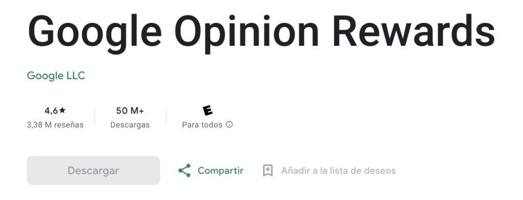 Valoraciones de Google Opinion Rewards en Play Store